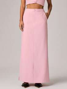 Forever 21 女士纯色口袋设计长款休闲百搭半身裙 - 粉色 - 查看 4