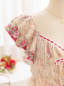 Soleia Vestido largo con estampado floral, mangas cortas de encaje y cintura ceñida, estilo romántico vintage, para mujer talla grande, primavera