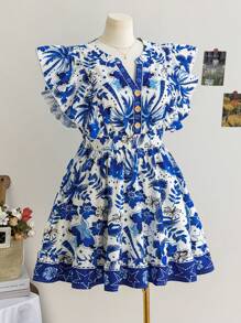 Soleia Plus Size Women's Holiday Blue & White Patterned V-Neck Wood Button Accent Fit & Flare Mini Dress - Multicolor - View 4
