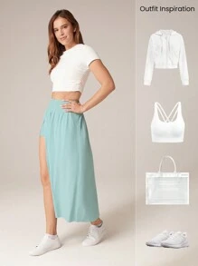 GLOWMODE 纯色褶皱简约开叉运动短裙，休闲度假