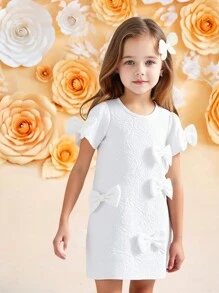 SHEIN Robe évasée à col rond à manches courtes avec décoration de nœud, en jacquard avec couleur unie rose, pour jeune fille élégante - Blanc - Voir 1