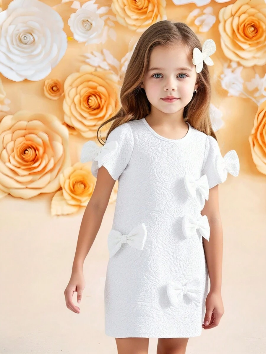 SHEIN Robe évasée à col rond à manches courtes avec décoration de nœud, en jacquard avec couleur unie rose, pour jeune fille élégante - Blanc - Voir 1