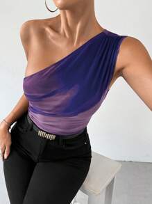SHEIN Privé One Shoulder Random Tie-Dye Slim Fit Bodysuit - Purple - View 6