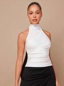 L'Amorae Top de mujer con lazo en el cuello y fruncido, estilo sencillo y de moda para uso diario y casual - Blanco y Negro - Ver 4