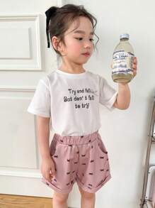 DAZY 2pcs/Set Young Girl Slogan Printed Short Sleeve Top And Bow Print Shorts Set,Girls Summer Outfits