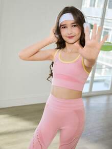 SHEIN Tween Girl Seamless Ruffled Cami Top And Leggings Sports Set, Yoga Stretchy Comfortable Free Mobility Fashion Minimalist Exercise, Running, Cycling - Pink - View 5