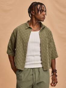 Forever 21 Men's Military Green Loose Cropped Box Shirt; Textured Fabric; Suitable For Spring And Summer Wear - Army Green - View 4