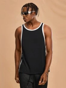 Forever 21 Men's Super Loose Black Athletic Tank Tops; Contrasting Collar + Contrasting Cuffs; Suitable For Spring And Summer Wear - Black - View 4