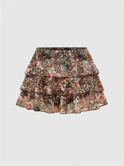 Y2K Vintage Leopard Print Western Girl Holiday Mini Lace Low-Waist Skirt, Summer