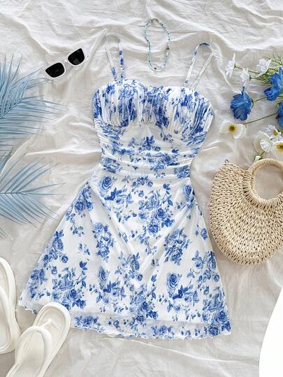 Soleia Women's White And Blue Floral Ruffled Waist A-Line Mini Dress,Summer,Tropical,Holiday,Vacation,Holiday Pastel Outfit For Party,No Chest Padding