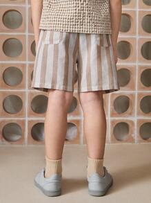 Young Boys Apricot Striped Woven Fabric Elastic Waist Curved Pocket Loose Shorts, Casual Holiday Style - Apricot - View 2