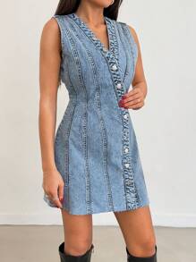 EURMUSE V NECK ANVELOP DENIM MINI DRESS Simple Fashion Daily Casual Jeans Dresses - Medium Wash - View 5