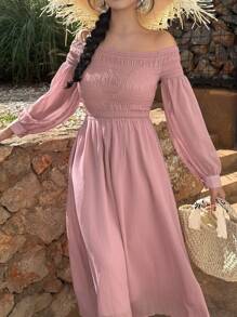 DAZY Women's Solid Color Waist Cinched Off Shoulder Dress,Fall Dress Long Sleeve Dress - Pink - View 6