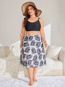 Swim Lushoire Plus Size Women 3pcs Set Random Print Fashionable Sexy Holiday Daily High Waist Skirt & Adjustable Strap Tankini Set, For Summer Beach Vacation - Black - View 5