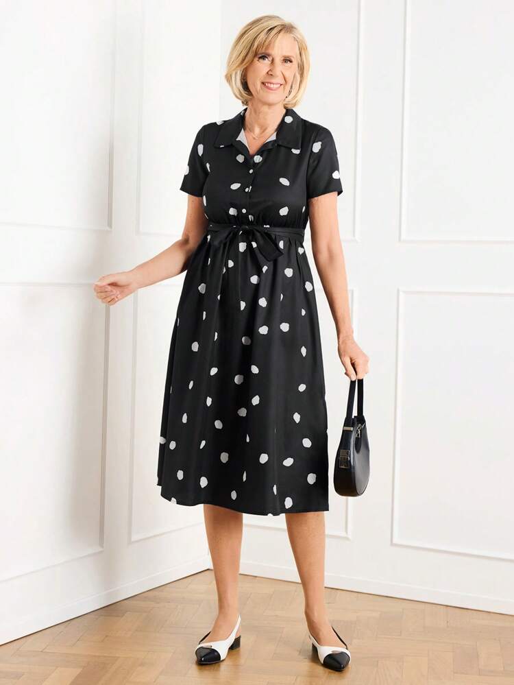 Women's Polka Dot Print Short Sleeve Casual Shirt Midi Dress