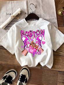 SHEIN Leap Crew Áo phông in họa tiết hoạt hình tối giản thường ngày cho bé gái tuổi teen, nhiều mẫu, phù hợp cho mùa hè - Nhiều màu - Xem 4