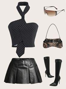 SHEIN ICON Women's Office Style Going Out Asymmetric Hem Fashionable Striped Halter Neck Camisole Top - Black - View 2