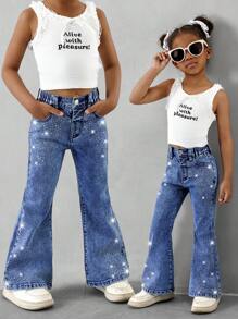 Young Girl Distressed Rhinestone Embellished Flared Washed Denim Jeans - Medium Wash - View 1