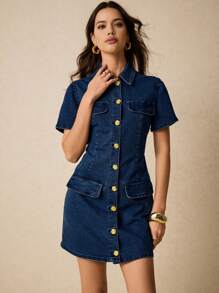 Poéselle 别致的牛仔纽扣迷你连衣裙，带有金色装饰 - 非常适合休闲外出、周末早午餐和轻松的日常风格 - 深色水洗藍 - 查看 5