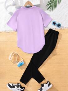 SHEIN 2 peças Conjunto de Top de Manga Curta e Calça Casual Simples para Jovem Menina, Adequado para Primavera/Outono - Multicolorido - Visão 2