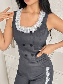Modelyn 女士灰色蕾丝边双排扣背心 - 灰色 - 查看 4