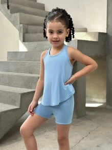 SHEIN 2 件装少女纯色针织修身短款上衣和短裤套装，运动装 - 藍色 - 查看 3