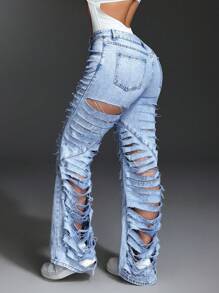 SHEIN ICON Women's Casual Washed Distressed Straight Leg Jeans - Blue - View 2