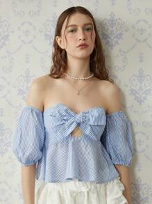 SHEIN MOD Women's Front Tie Off Shoulder Blue And White Stripe Minimalist Bow Casual Top,Autumn,Elegant,Vacation,Holiday,Tropical,Tea Party Top - Blue - View 1