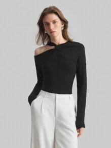 Ontre 女士黑色 90 年代风格优雅扭领不对称长袖弹力紧身衣 - 黑色 - 查看 4