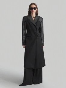 Ontre Women's Four Seasons Black Suit-Style Long Coat, Patchwork Coat, Waist-Hugging Women's Fashionable Double-Breasted Trench Coat In Fall/Winter - Black - View 3