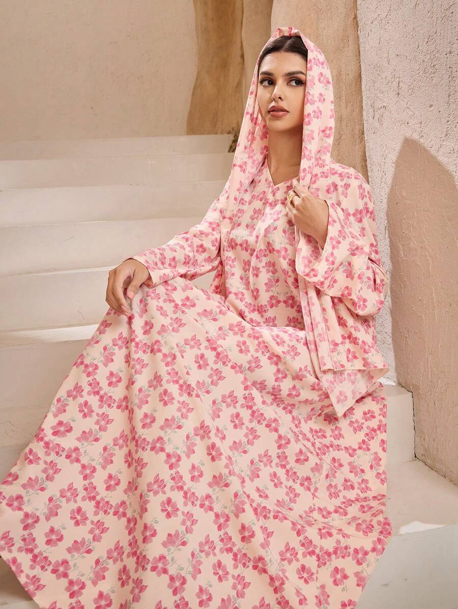 Graceveil 女士简约时尚休闲阿拉伯风格连衣裙，适合日常穿着，端庄 - 粉色 - 查看 1