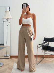 EURMUSE GOLD BUTTON DETAILED BEIGE Straight Leg PANTS - Beige - View 6