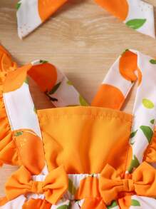 SHEIN Baby Girl Sweet Donut & Candy Printed Sleeveless Dress With Bowknot Decoration, Ruffled Hemline For Summer Baby Romper Dress - Orange - View 3