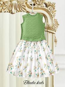 SHEIN 套装少女优雅淑女简约绿色无袖上衣和雪纺优雅裙子，夏季 - 綠色 - 查看 2