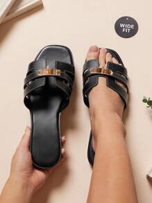 SHUZIA Dép xỏ ngón đế vuông đế bệt màu đen sang trọng dành cho nữ, thiết kế rộng rãi, chi tiết khâu khóa vàng - Tinh tế, thanh lịch và thời trang - màu đen - Xem 2