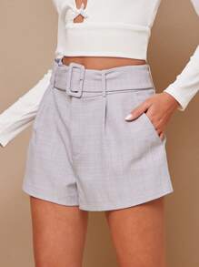 L'Amorae Belted Workwear Summer Shorts, Business Casual Woman Bottoms - Grey - View 4