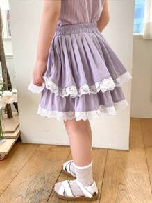 DAZY Young Girl Contrast Lace Ruffle Hem Short Skirt - Purple - View 2