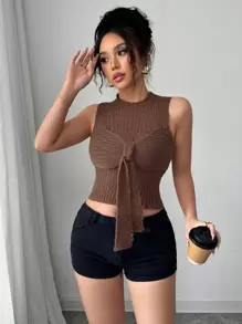 Chiquease Nueva Top de punto transparente con escote halter, sin mangas, con moño, ajustada, para primavera/verano