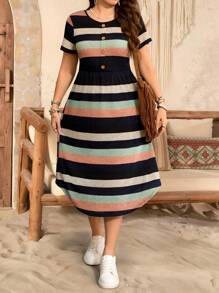 SHEIN LUNE SHEINLUNE 大码女式条纹短袖针织休闲连衣裙，女士度假装，女士端庄连衣裙，女士机场装，女士波西米亚风连衣裙，春季连衣裙，女士度假装，俱乐部连衣裙，热带连衣裙，春季波西米亚风复古款 - 藍色 - 查看 5