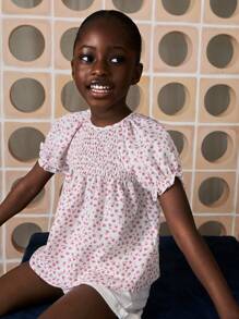 THE HAPPY LOOK Young Girls' Ditsy Floral Puff Sleeve Casual Shirt For Vacation