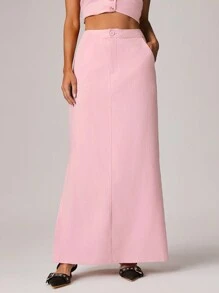 Forever 21 女士纯色口袋设计长款休闲百搭半身裙 - 粉色 - 查看 1