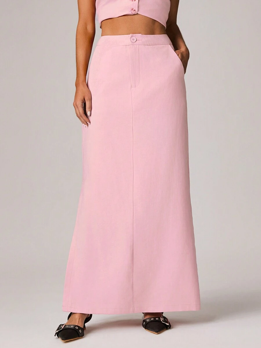 Forever 21 女士纯色口袋设计长款休闲百搭半身裙 - 粉色 - 查看 1