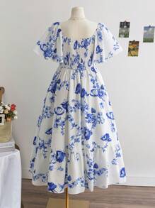 SHEIN WYWH Plus Size Women Floral & Animal Print Ruffle Sleeve Elastic Waist Casual Dress, Vintage Style, Suitable For Summer Vacation, Back To School, Lunch, Casual Occasions, Bachelorette