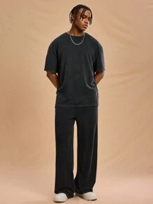 Forever 21 男士宽松休闲黑色T恤和长裤两件套，特殊工艺面料；适合春夏季穿着