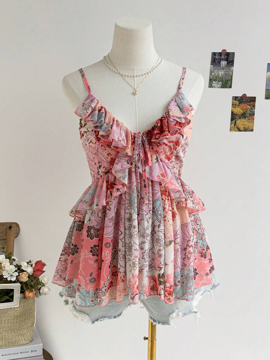 Soleia Women's Vacation Camisole Top With Ruffle Edge Front Tie Bow Design - Multicolor - View 1