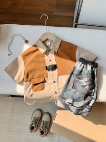 SHEIN 2 Packs Young Boys Casual Street Fashion Colorblock Shirt And Camouflage Shorts Set Suitable For School Suitable For Travel Suitable For Sports Suitable For Spring And Summer Seasons