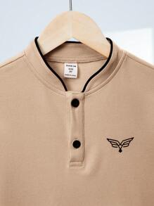 SHEIN Tween Boy Intarsia Pattern Knitted Polo Shirt With Stand Collar - Khaki - View 3