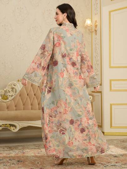 Al Najma 春夏荷叶边亮片立领喇叭袖阿拉伯风格长款 Jalabiya 连衣裙，阿拉伯连衣裙，端庄