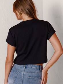 Aralina Jet Black Cropped Hem Capped Sleeve Tee