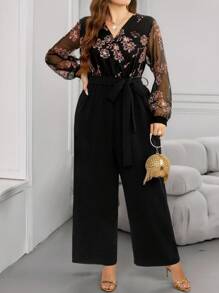 SHEIN Clasi 优雅亮片花卉印花网眼拼布大码女式长袖连体裤, 女士夏季服装, 女士情人节服装, 女士连体裤, 女士连体裤, 女士黑色连体裤, - 彩色 - 查看 7